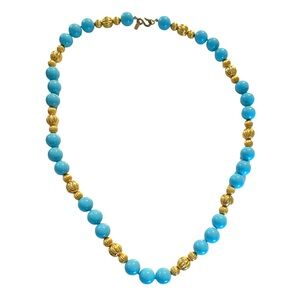 Vtg KENNETH JAY LANE KJL Turquoise Blue & Gold Bead Long Necklace